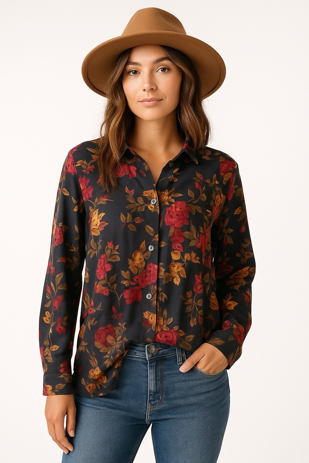 Vtg Judy Knapp 80’s 90’s Floral Long Sleeve Button up Shirt Black Red Orange L