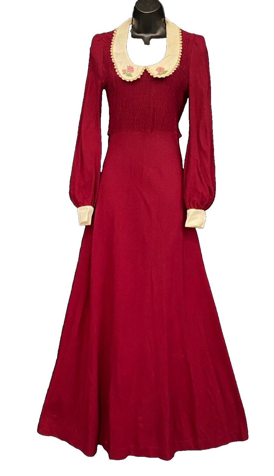 Vintage 1970s burgundy red maxi dress, white collar boho smocking collar cuffs