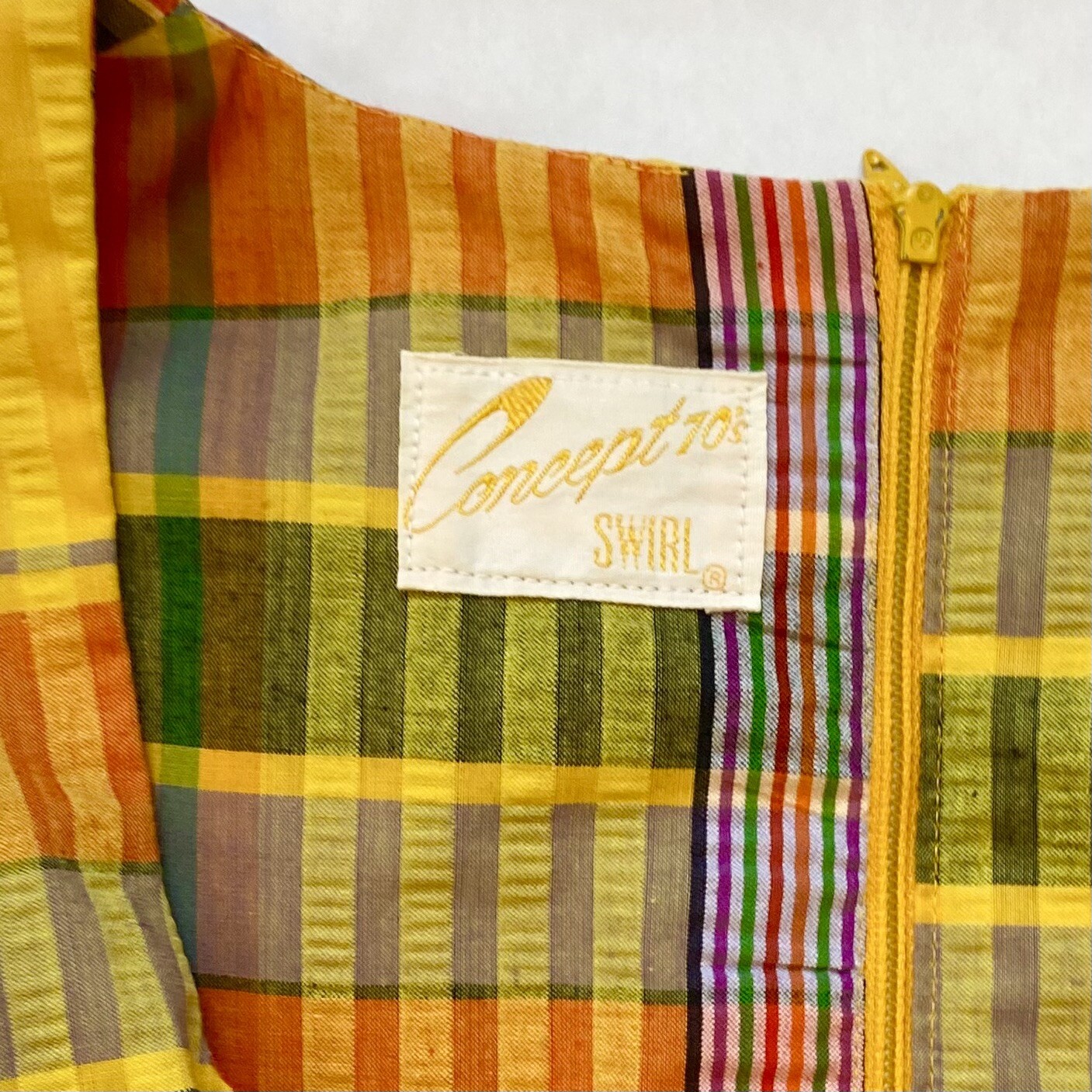 Vintage SWIRL Concept 70s Yellow Orange Madras Plaid Maxi Gown Long Column Dress