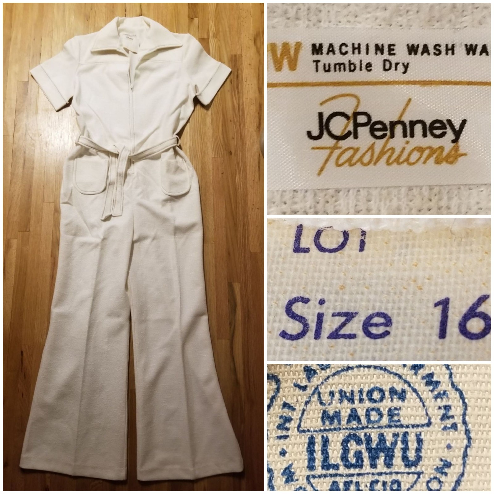 NOS Vintage 1970s JC Penneys Womens Size 16 Off-white 1 Pc SS Belted Jumpsuit