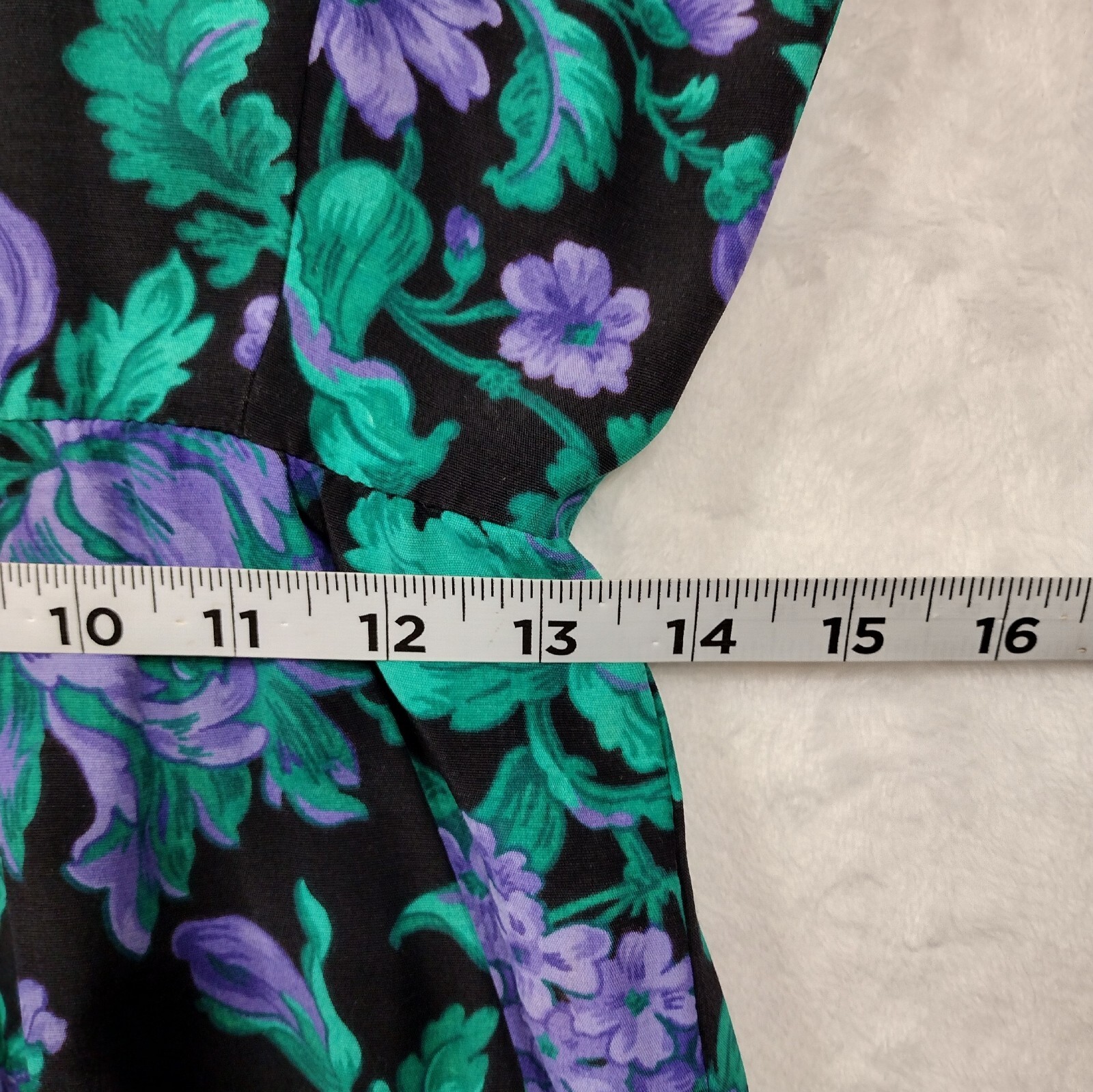 Vintage Ansley Midi Dress Black w/ Purple Flowers Pockets 80s 90s Made USA READ