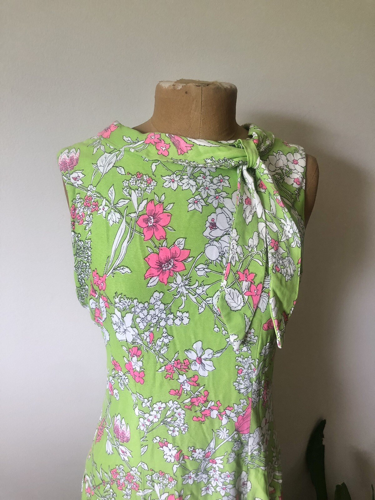 1920’s Inspired Lime Green & Pink Floral Drop Waist Dress