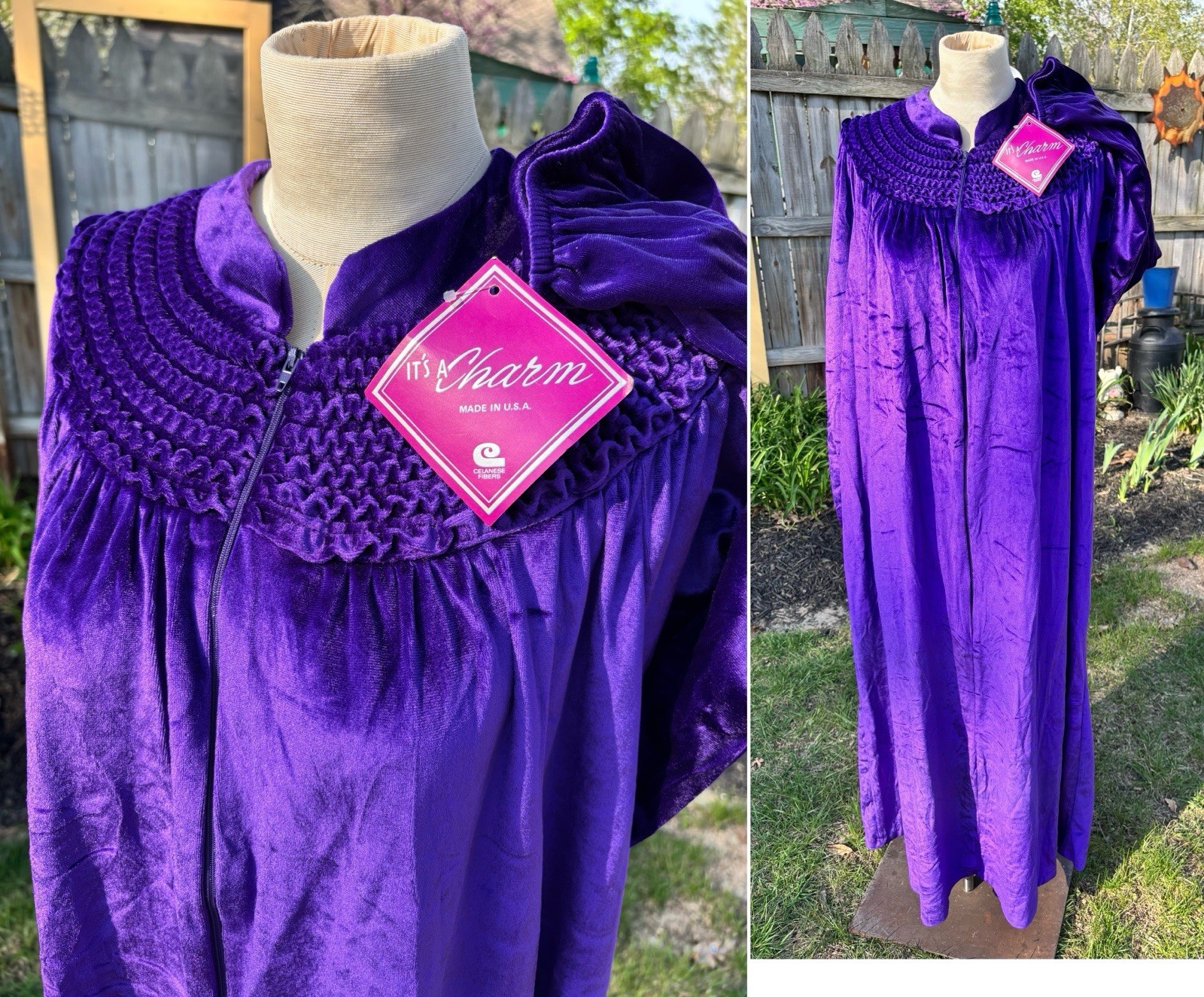 VTG Women Velour PURPLE Front Zip Long Robe Housecoat Luxurious 80s NOS M B38-40