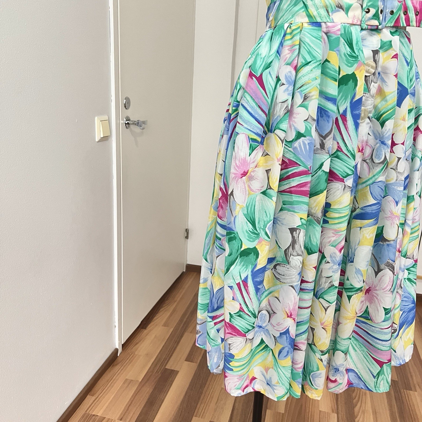 1980s Floral Midi Day Dress French Vintage Button Front Pleated 80s Does 40s
