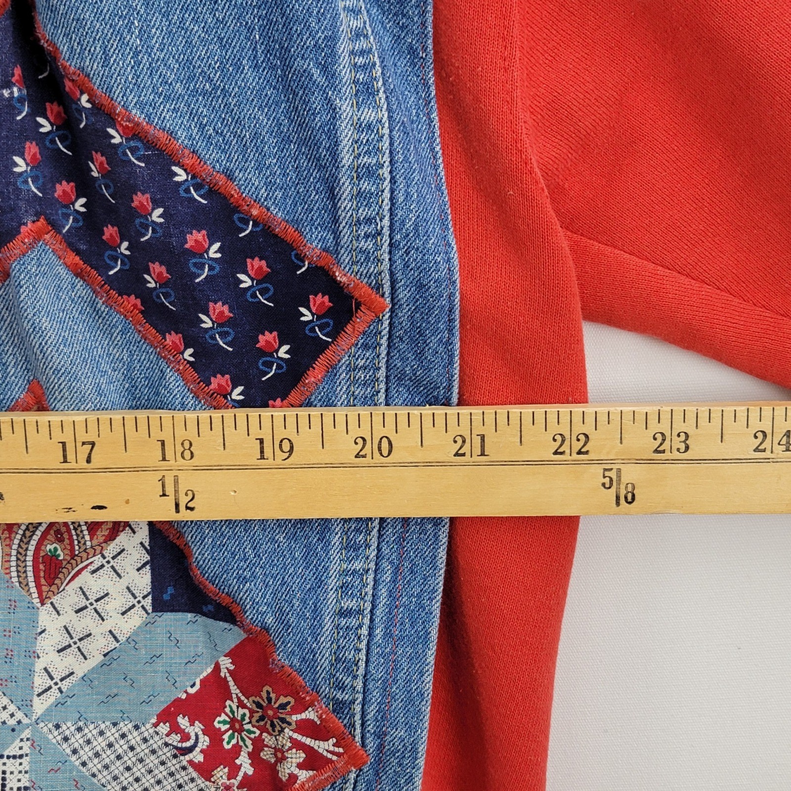 Vintage Reworked Denim Patchwork Jacket Red Sweatshirt Womens XL Pre-owned