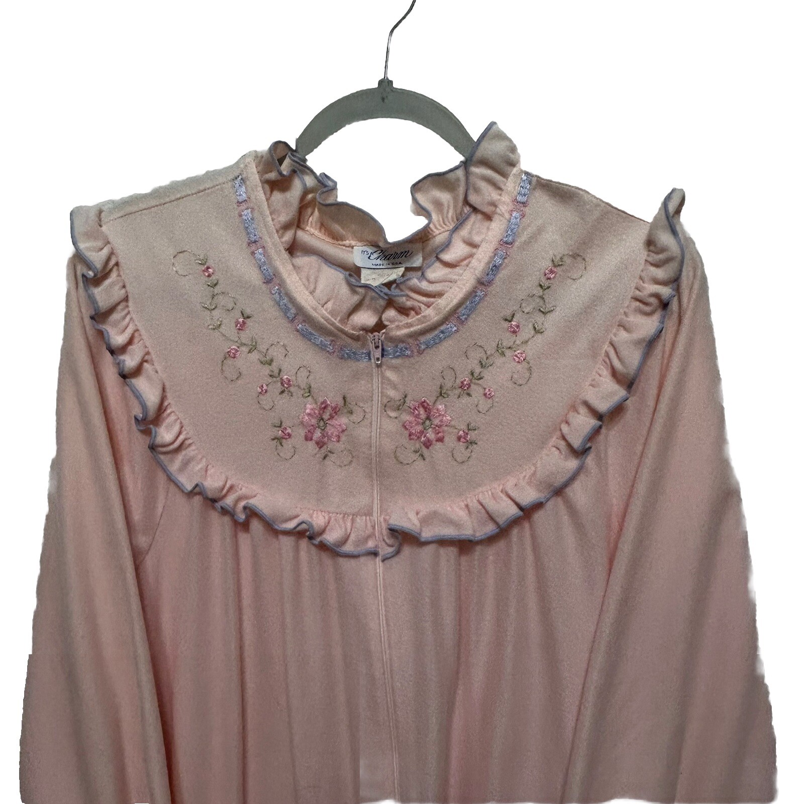 Vintage It’s A Charm Robe Women L Pink Embroidered Zip-Up Dressing Gown