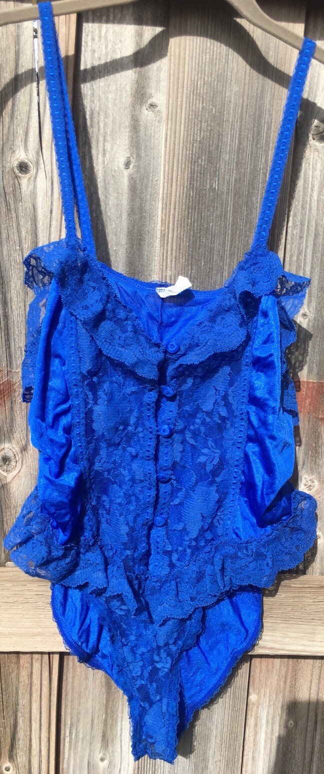 Vintage Chic Lingerie Co Blue Teddie Playsuit Lace Buttons Ruffles 80’s Sz L