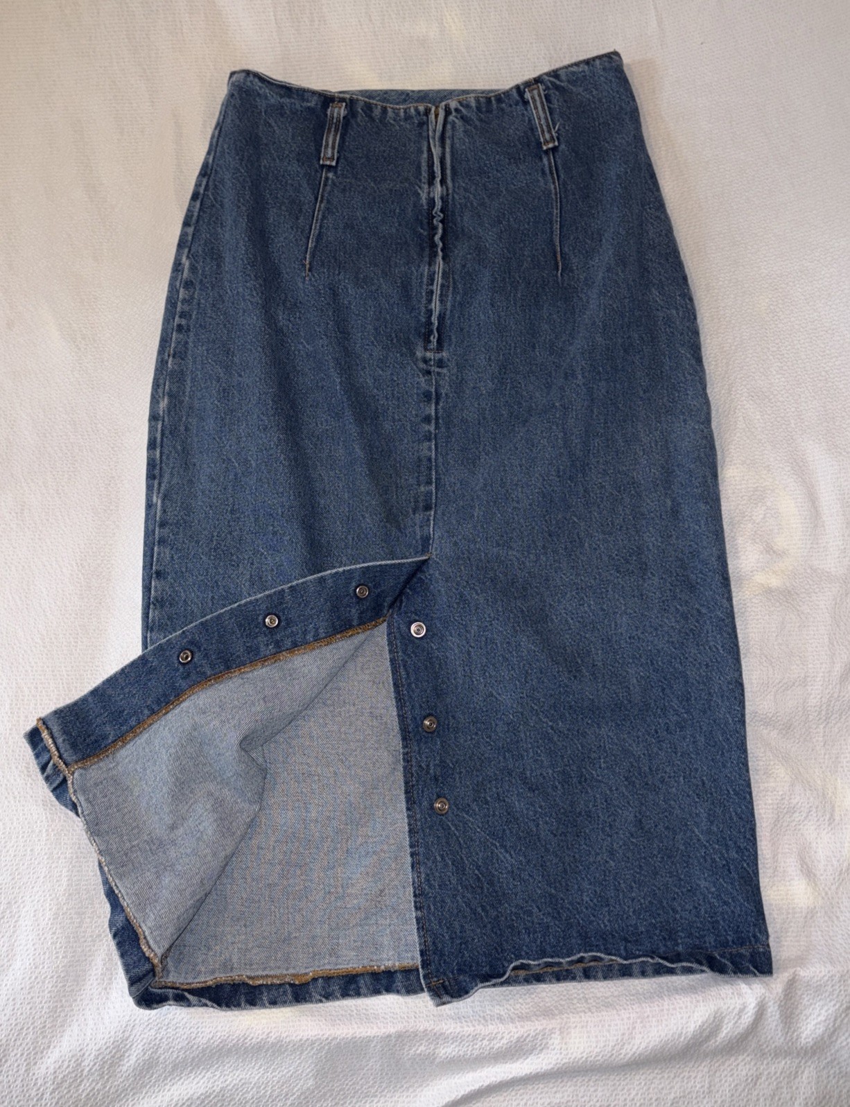 VTG 80s Stuffed Shirt Jeanswear Denim Maxi Skirt Made USA Bronze Snaps Sz 13/14