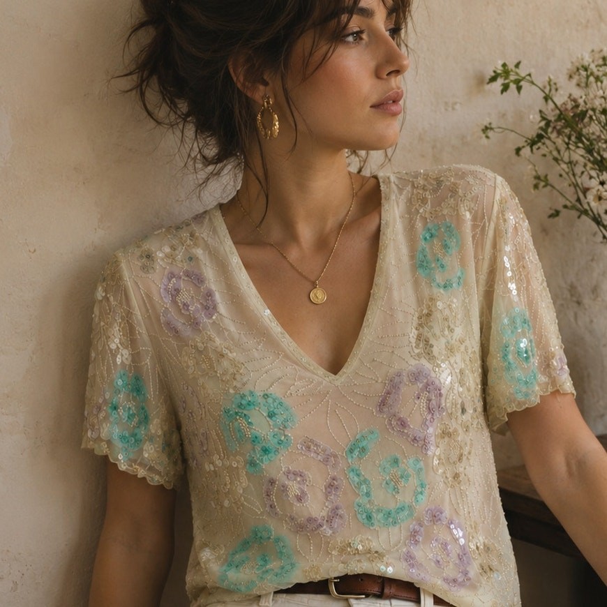 Papell Evening Silk Blouse Womens L Ivory Sequin Beaded Floral Vintage VNeck