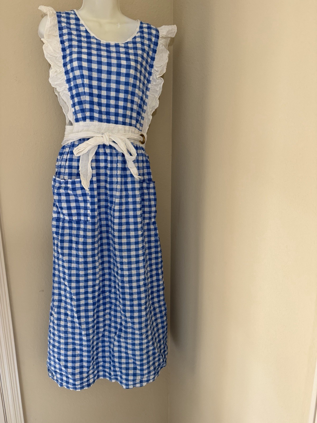 VTG Design House Apron Wrap Dress Pinafore Prairie Cottagecore Blue Gingham