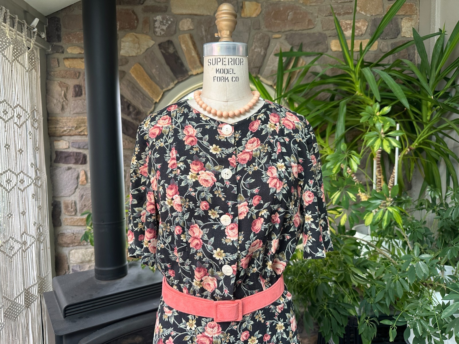 Vintage 1980s Black Pink Green Floral Rayon Dress