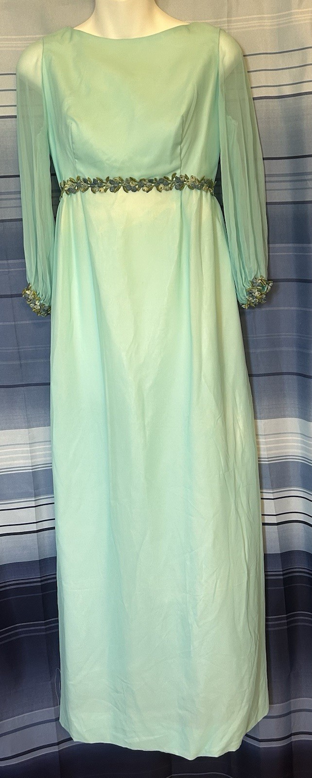 ILGWU Vintage 1960s Light Blue Chiffon Empire Waist Maxi Evening Formal Dress
