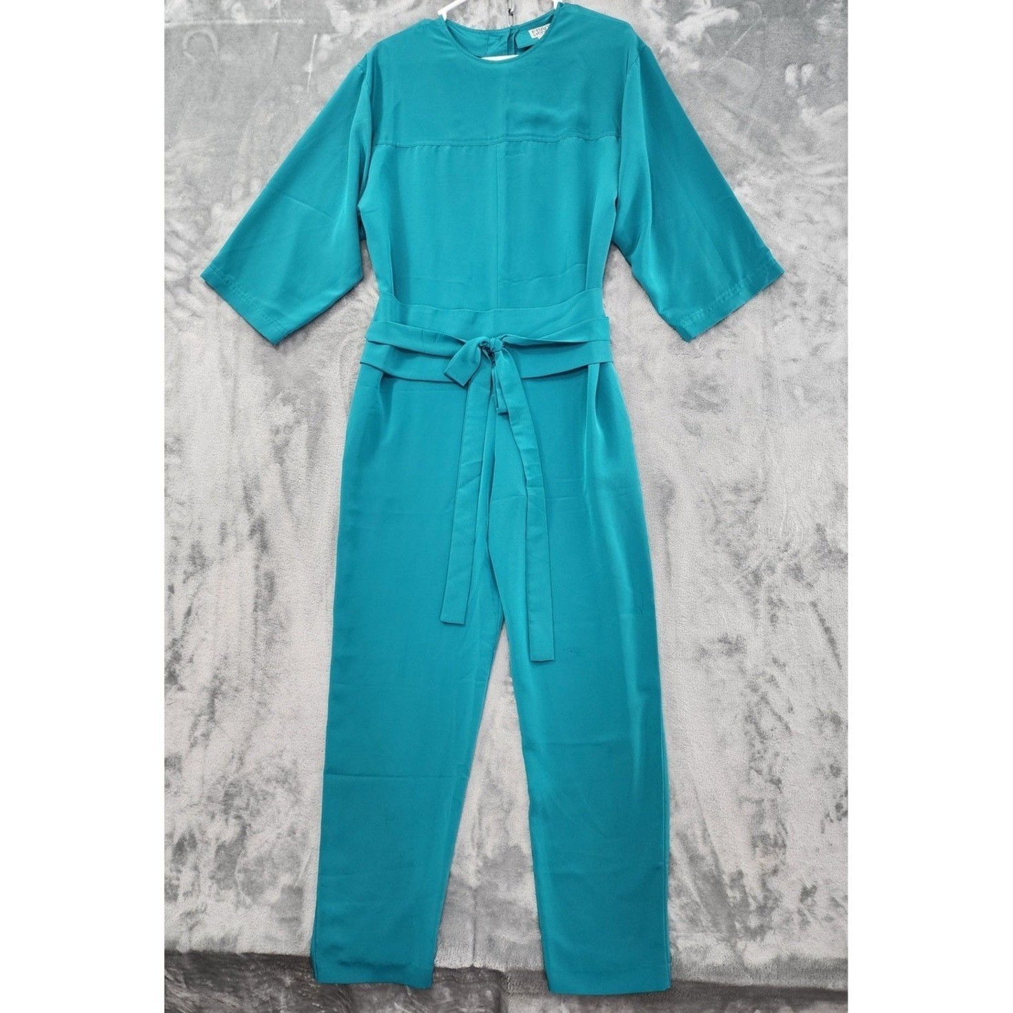 Vintage Frances Henaghan Jumpsuit Womens 8 Teal Blue Silky Tie Belt Long Sleeve