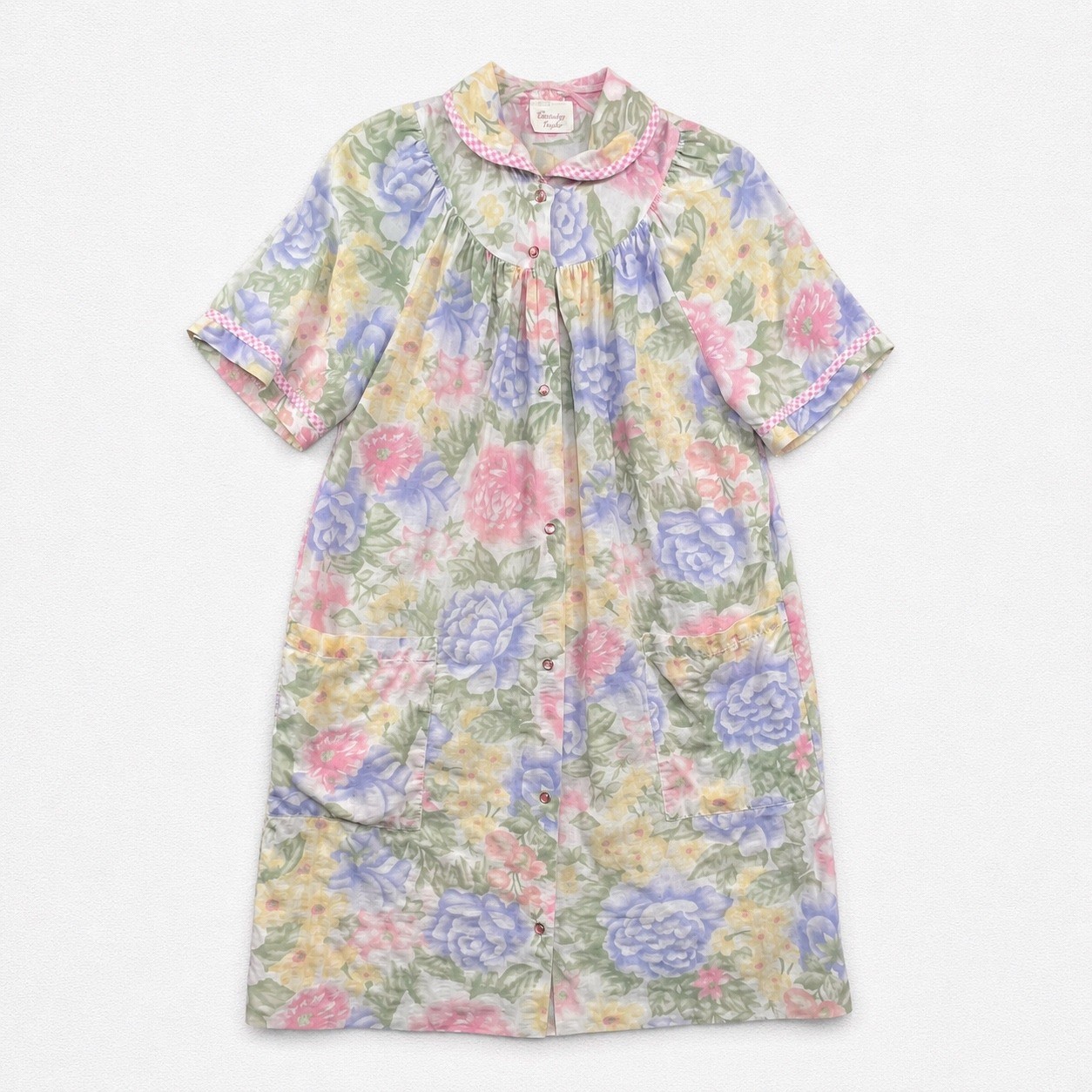 Vintage Carriage Court Floral House Dress Snap Front Pastel Duster Pockets XL