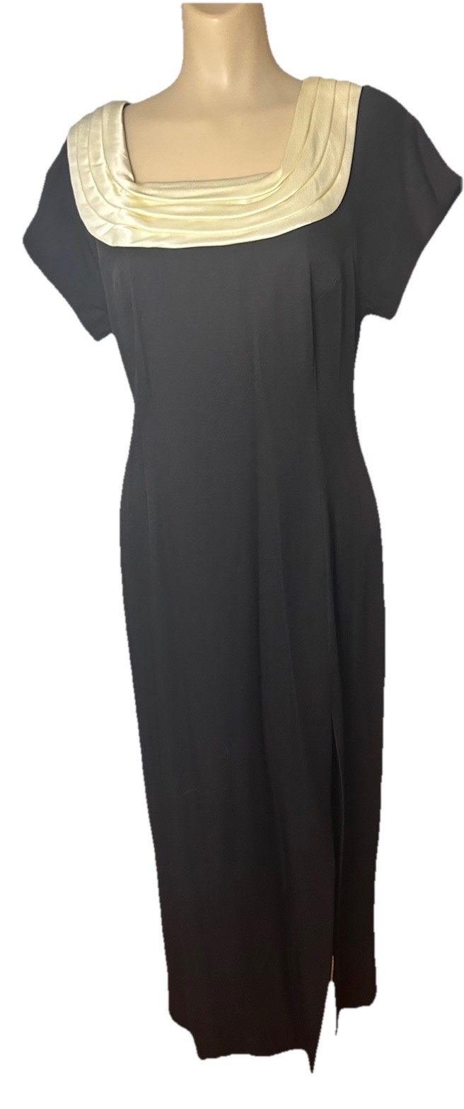 Vtg 80s Virgo II NOS Full Length Maxi Dress Size 8 Black White Satin Collar Zip