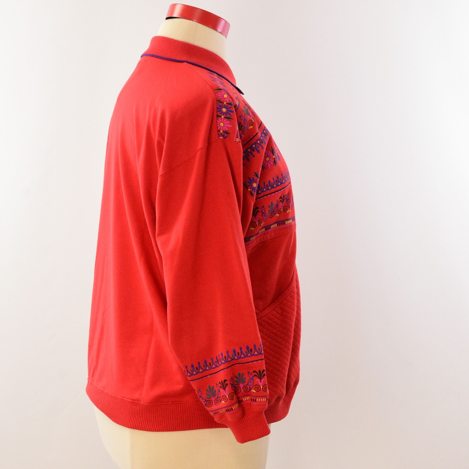 80s Vintage Red Floral Polo Sweatshirt Womens XL Boho Cottagecore Pullover Top