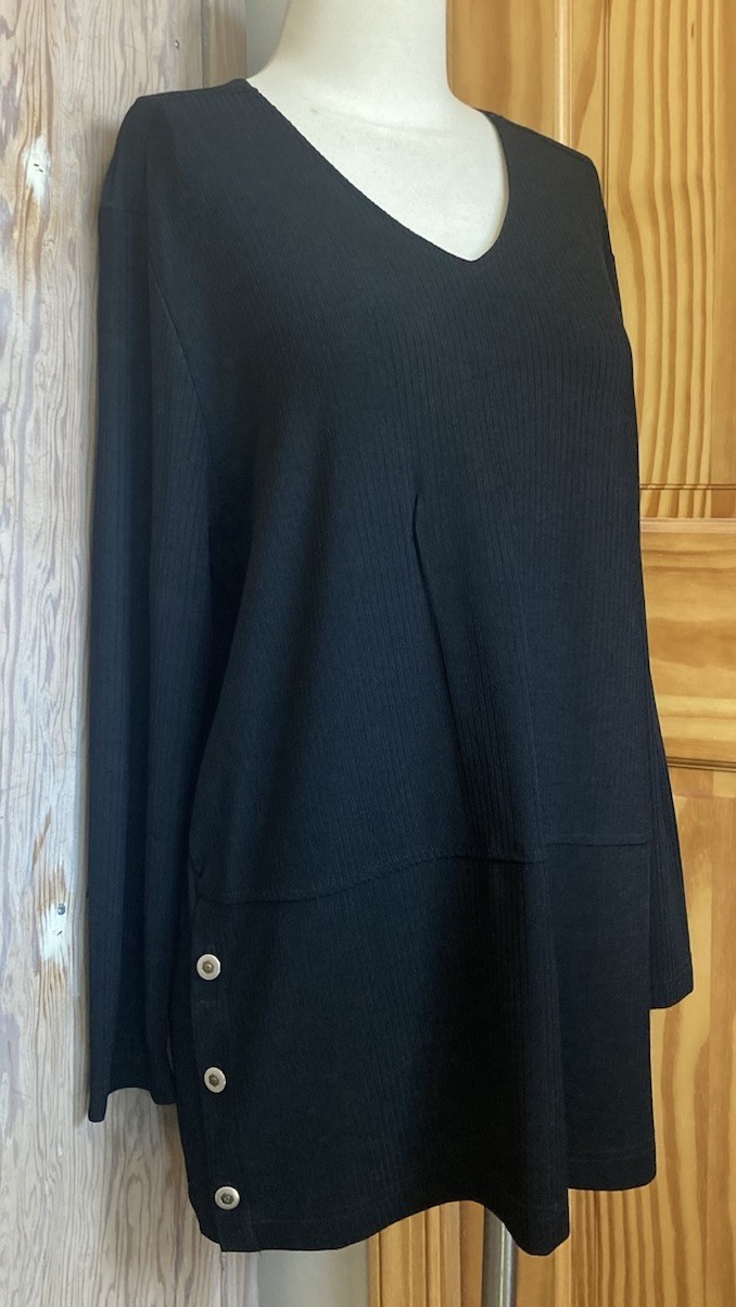 90s Vtg Marcy Allan Black Ribbed Tunic Top Spandex Knit Rivet Metal Buttons EUC