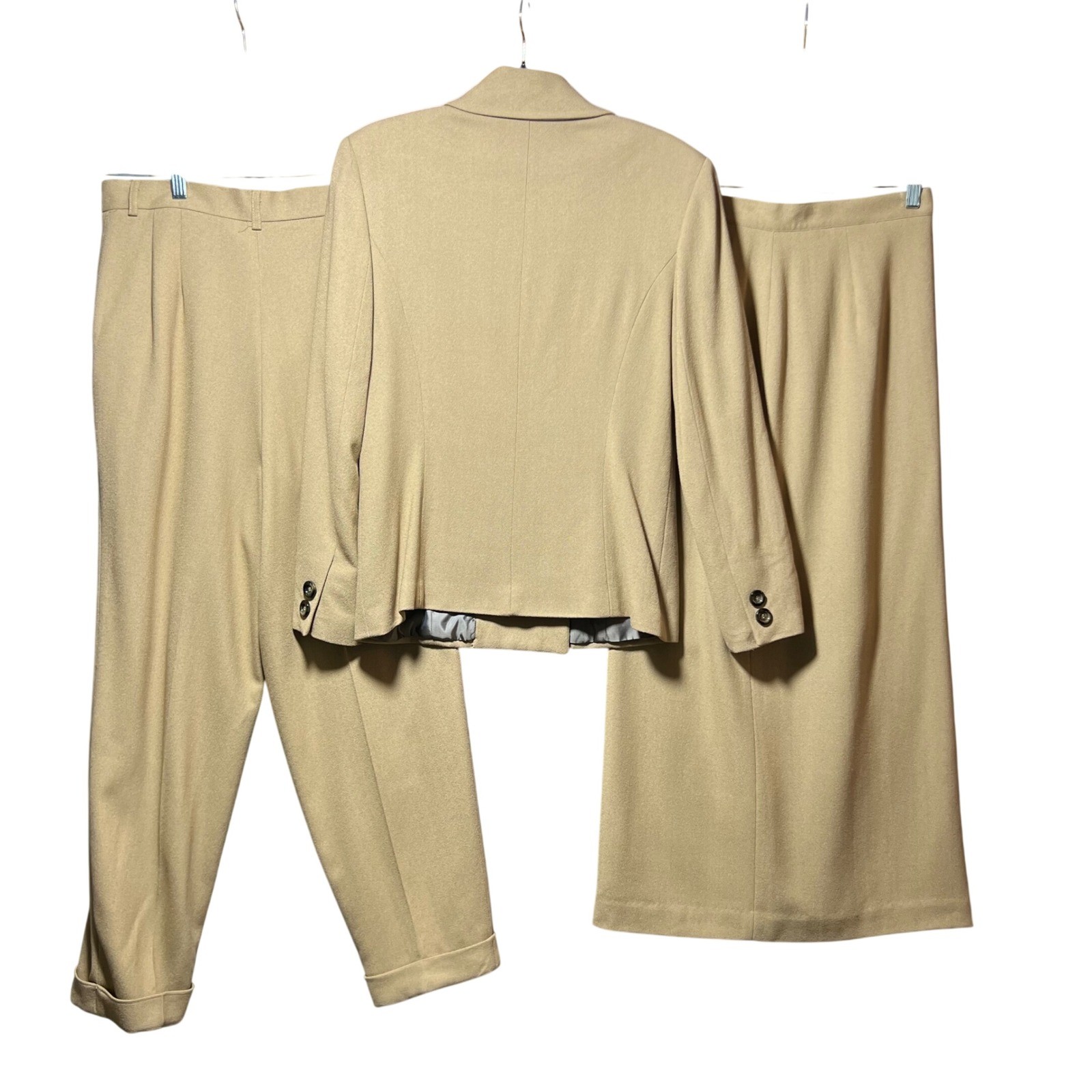 Vintage 90s 3 Piece Suit Set 9/10 Camel Tan Wool Blend Blazer Pant Skirt Lined