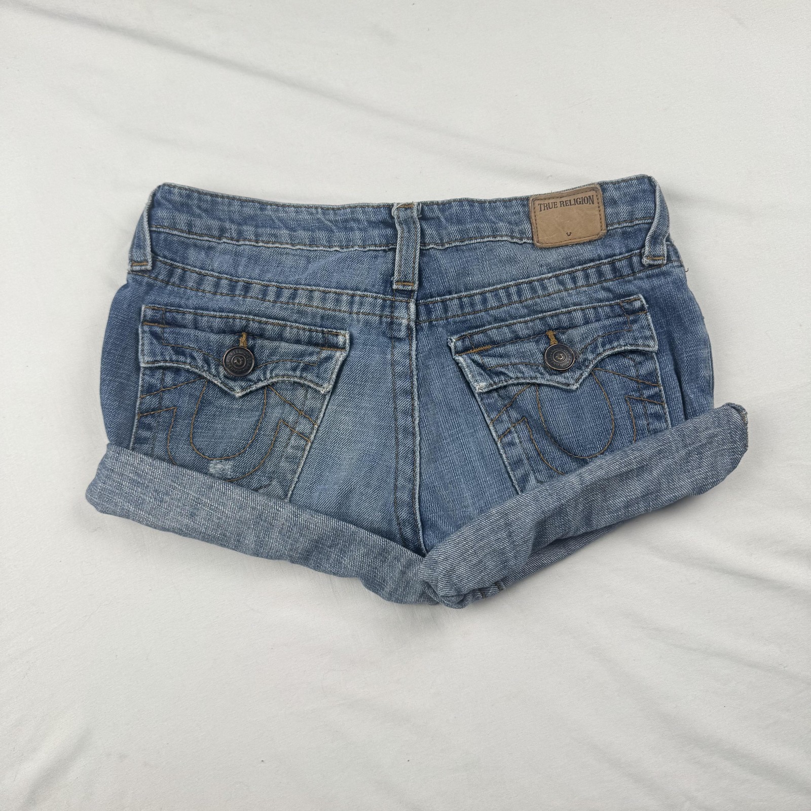 True Religion Denim Shorts Girls 14 Blue Rolled Cuff Embroidered Pockets Casual