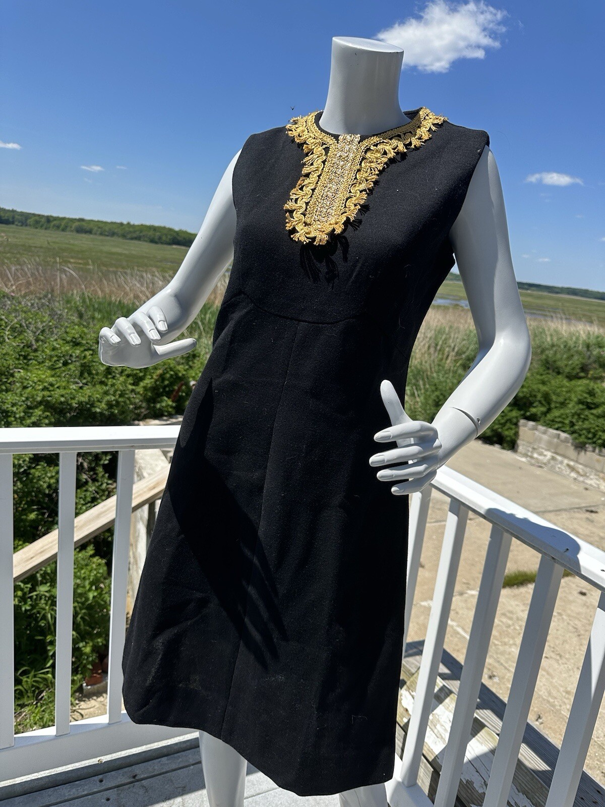 1960s Bleeker Street dress black cocktail shift gold trim 70s size 14 classic