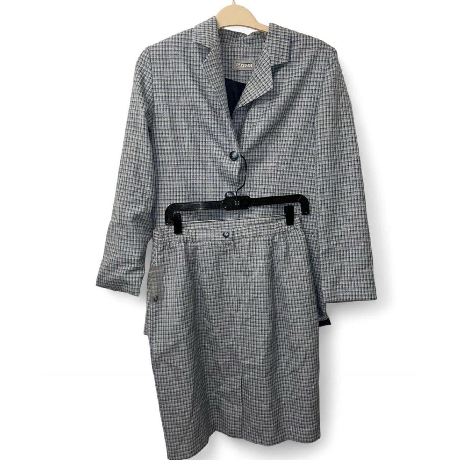 Savion Vintage Blue Gray Plaid Skirt Suit Blazer Set Womens Size 12 Professional