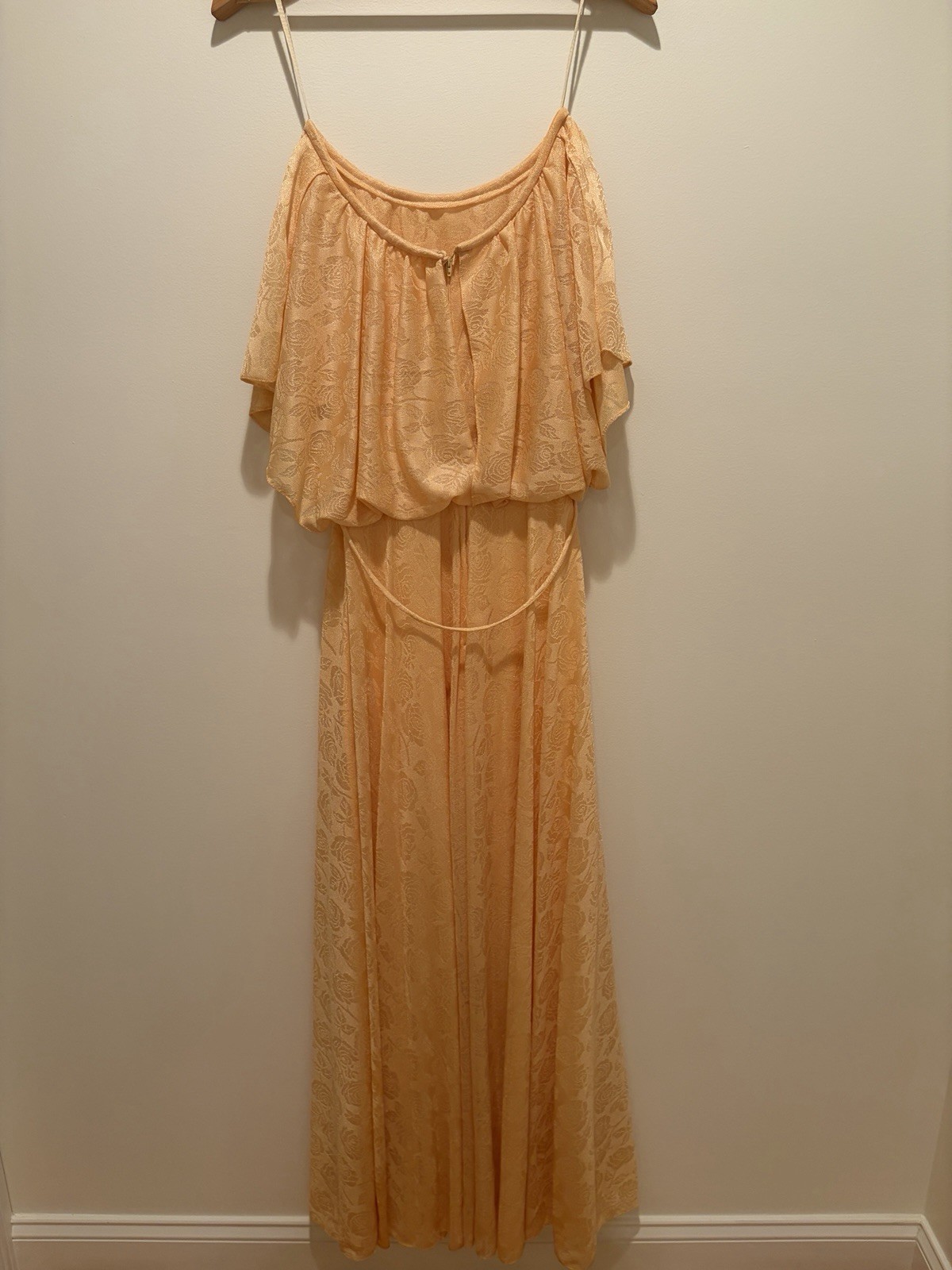Vtg 70s-80’s Gold Rose Overlay Blouson Maxi Dress Floral Prairie Romantic