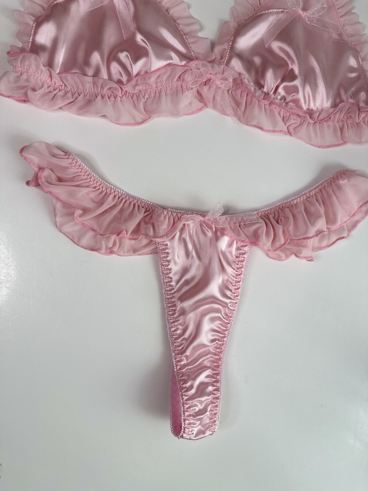 Large 7 L Shiny Satin Bralette Thong Panty Chiffon Ruffles Coquette Vtg Bra Set