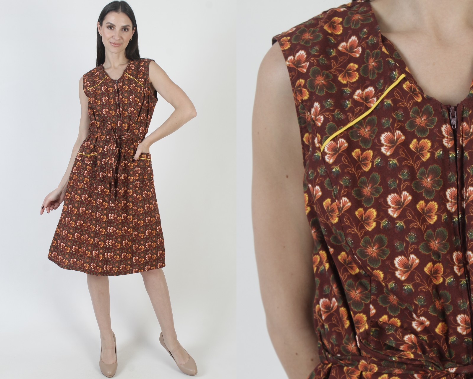 Vtg 70s Brown Calico Sundress Belted Autumnal Prairie Front Zip Pockets Dress