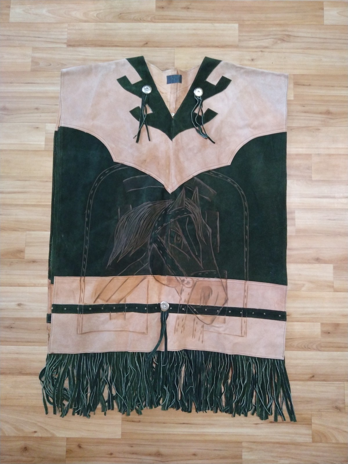 Vintage Armando’s Leather/Suede Fringed Poncho Horse Design Front and Back