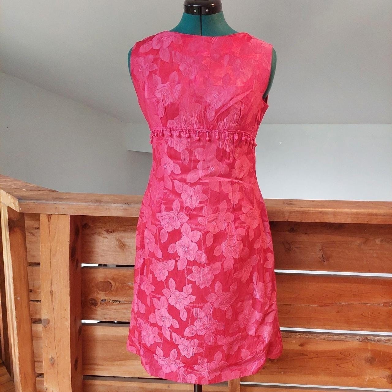Vintage homemade floral red short dress with under bust tassel detail.