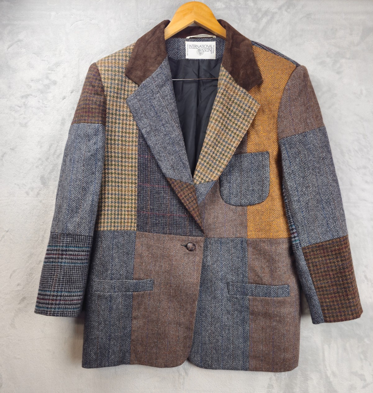 Vintage 90s International Scene Women’s Patchwork Wool Tweed Blazer Size 13/14