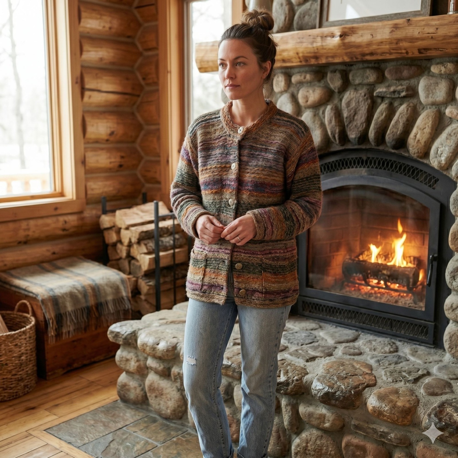 Vintage 90s High Country Hand Knit Wool Cardigan Striped Earth Tones Womens M/L