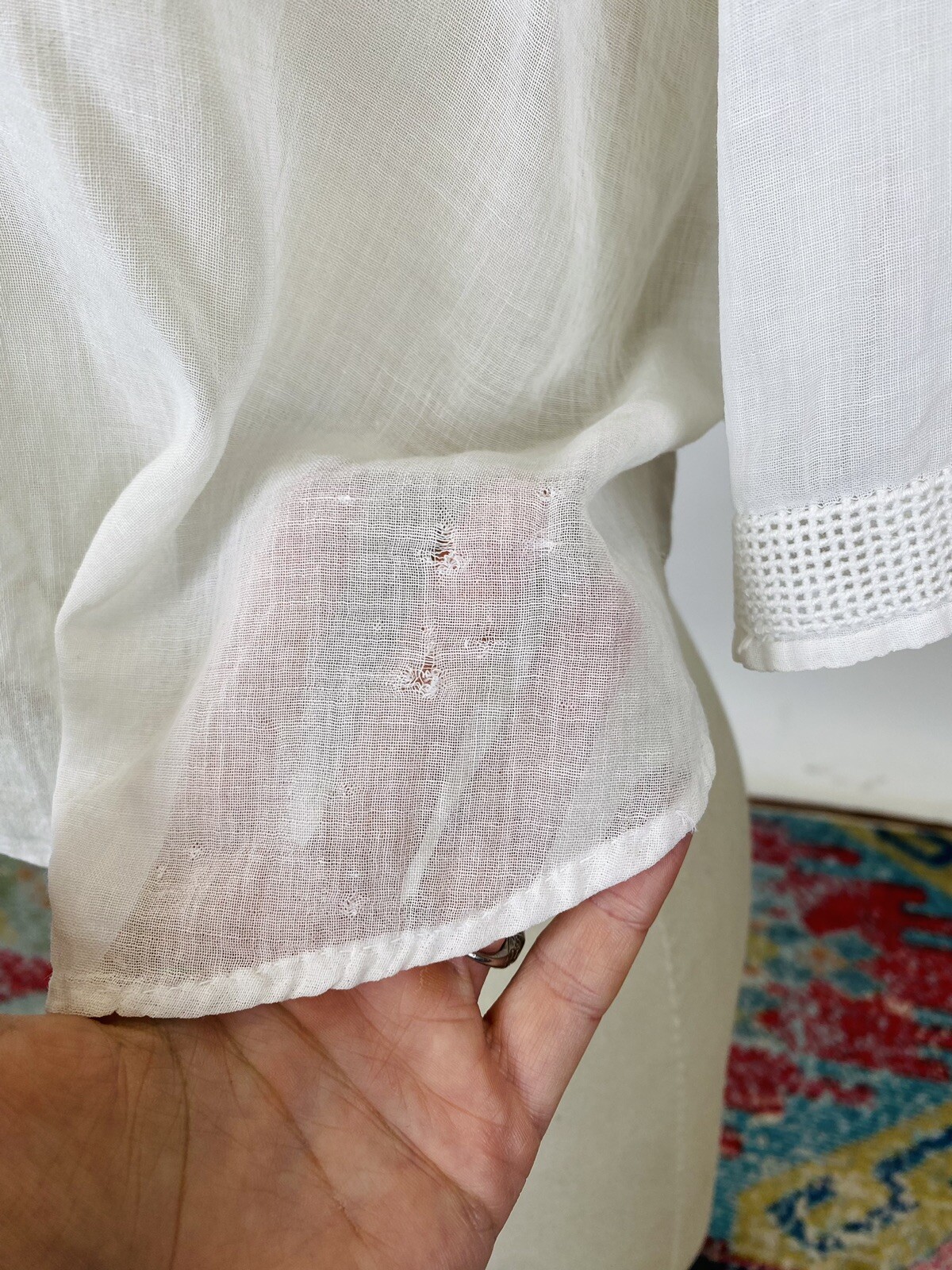 Antique Edwardian white cotton blouse with crochet lace and embroidery as is
