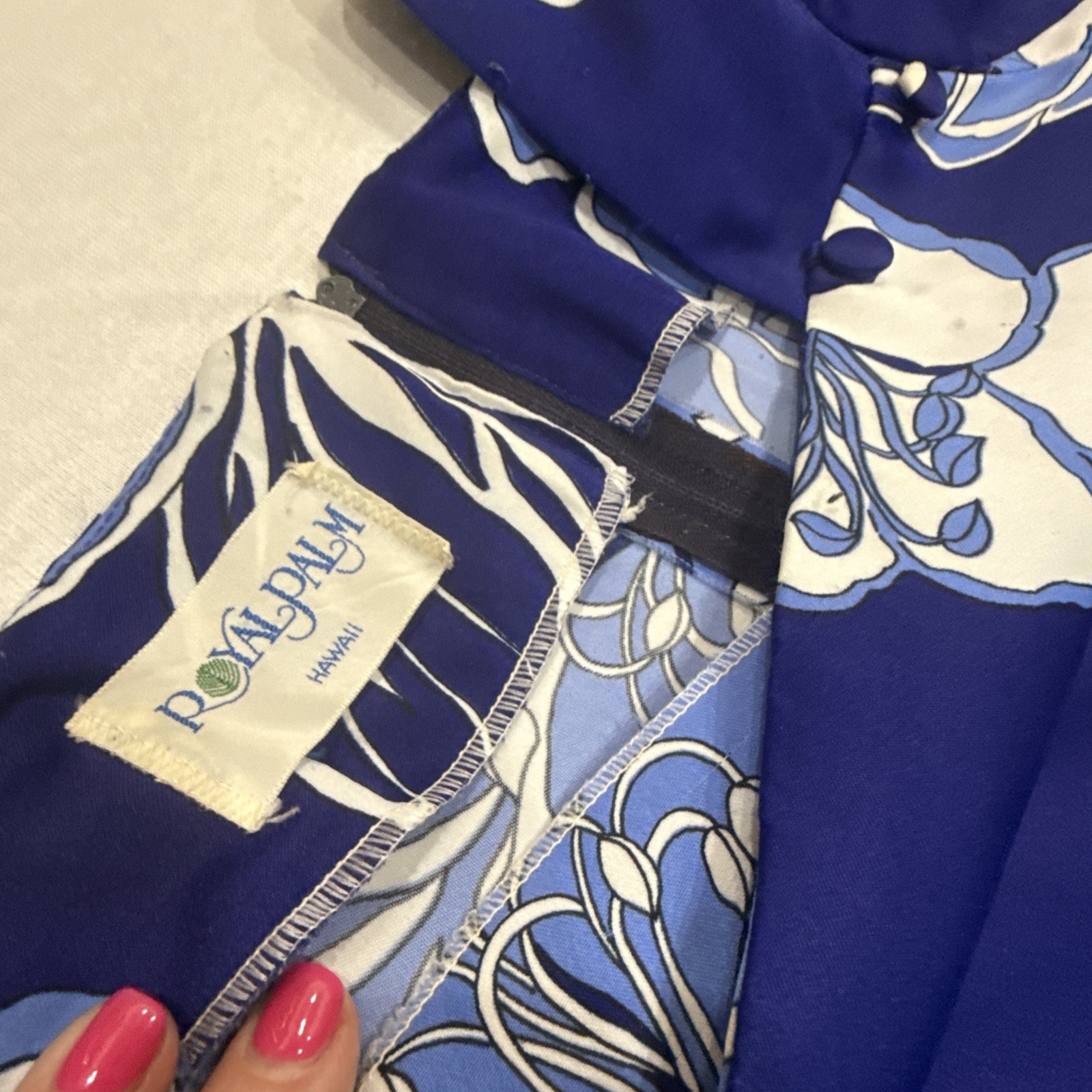 Vintage Royal Palm Made in Hawaii Blue Orchid & White Womens Muumuu Dress M/L