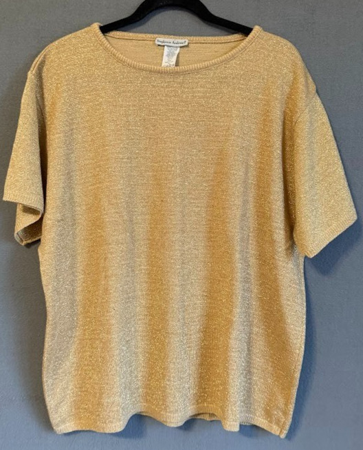 VTG Stephanie Andrews Top Women 2XL Gold Metallic Knit Short Sleeve Crew Neck