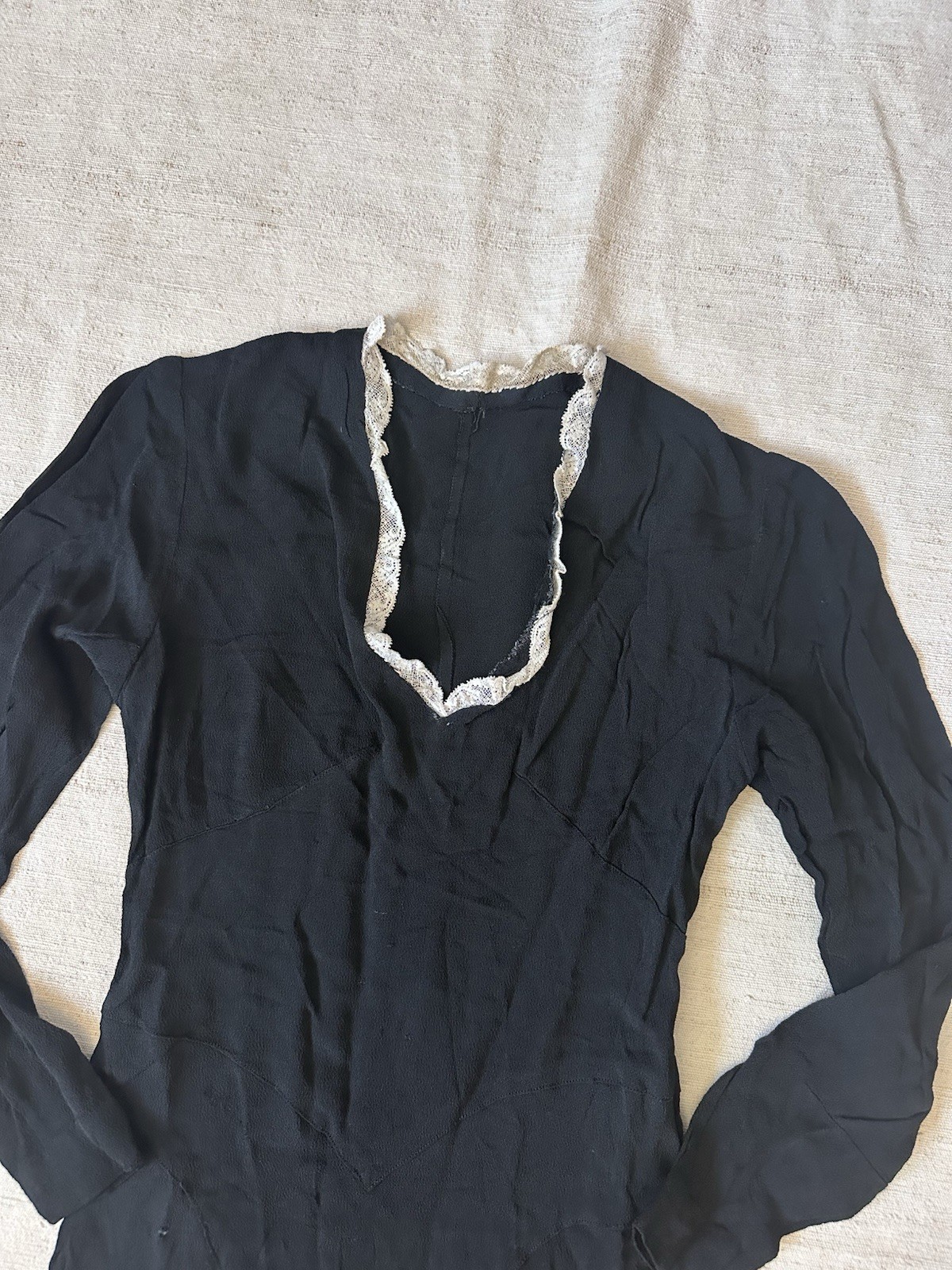 1930s Antique Vintage Handmade French Bias Cut Silk Crepe Black Dress XXS XS