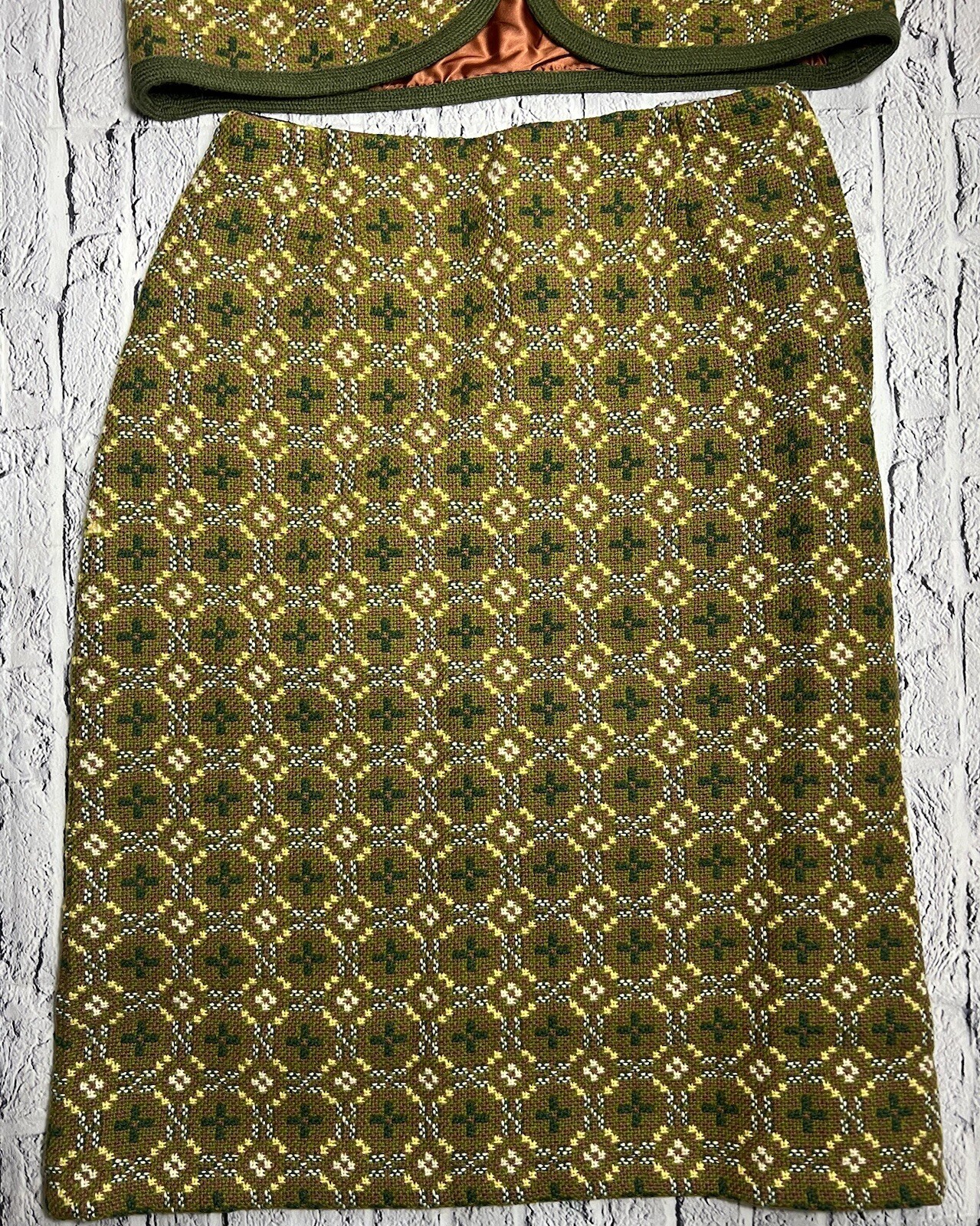 Vintage Welsh Gwydir Garments Pure New Wool/Suede 2pc Skirt Vest Top 34 Small