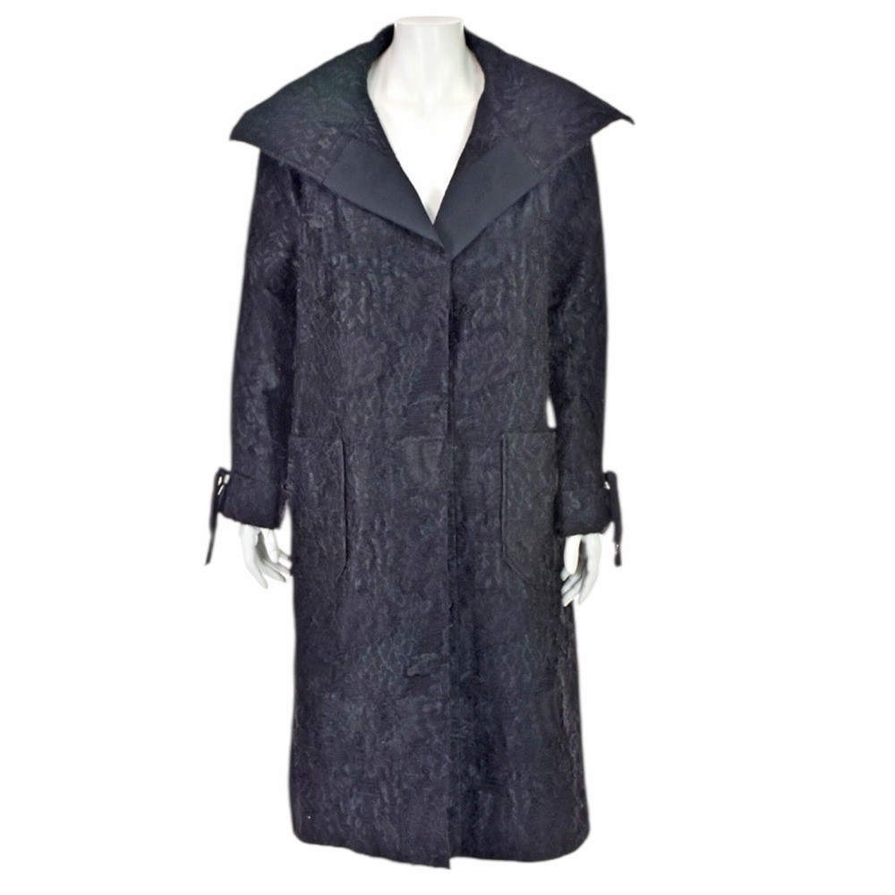 Charles Chang Lima Vintage Black Inverted Brocade Open Coat Wool Silk Blend