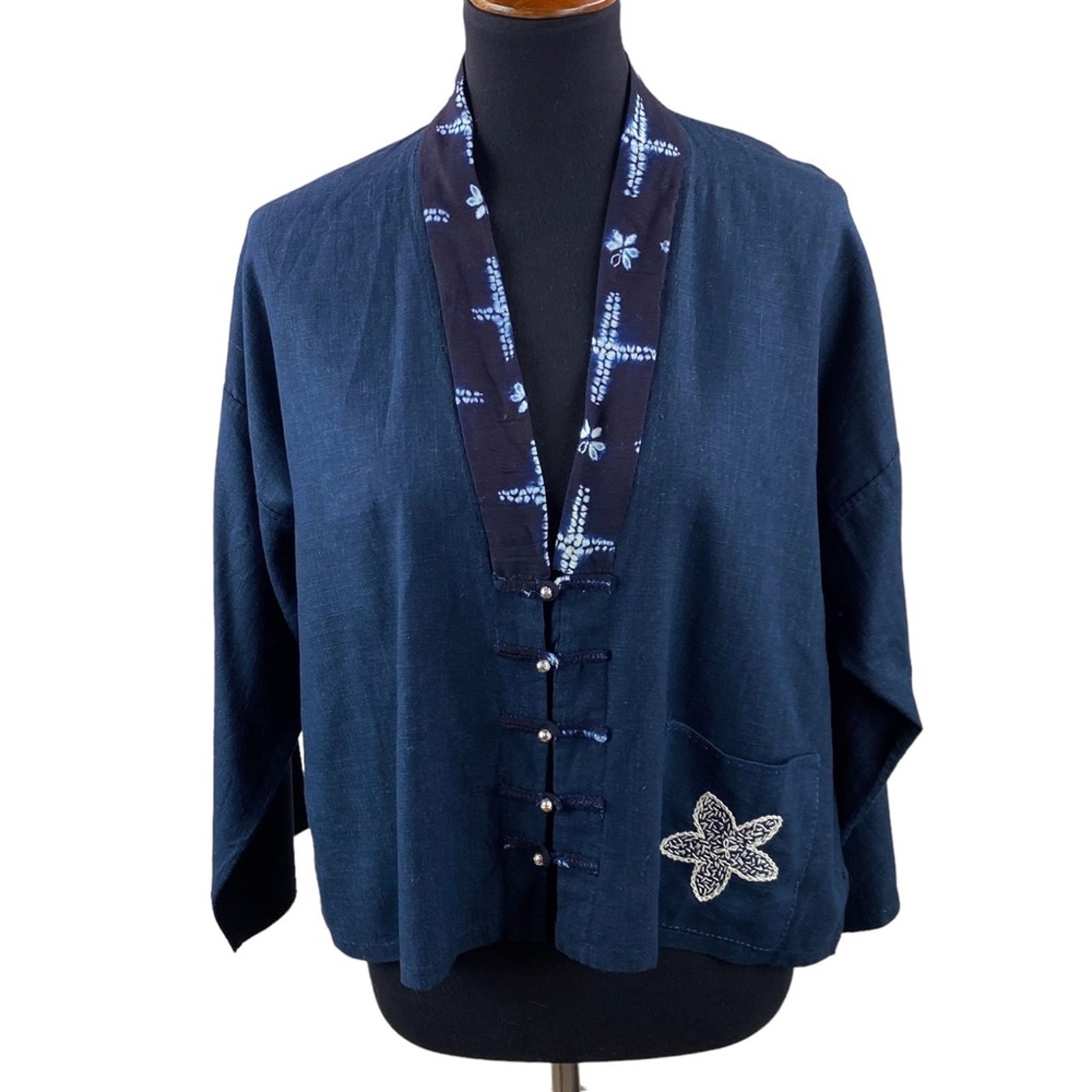 Boho Womens Handmade Lightweight Indigo Batik Jacket Size M/L Art to Wear