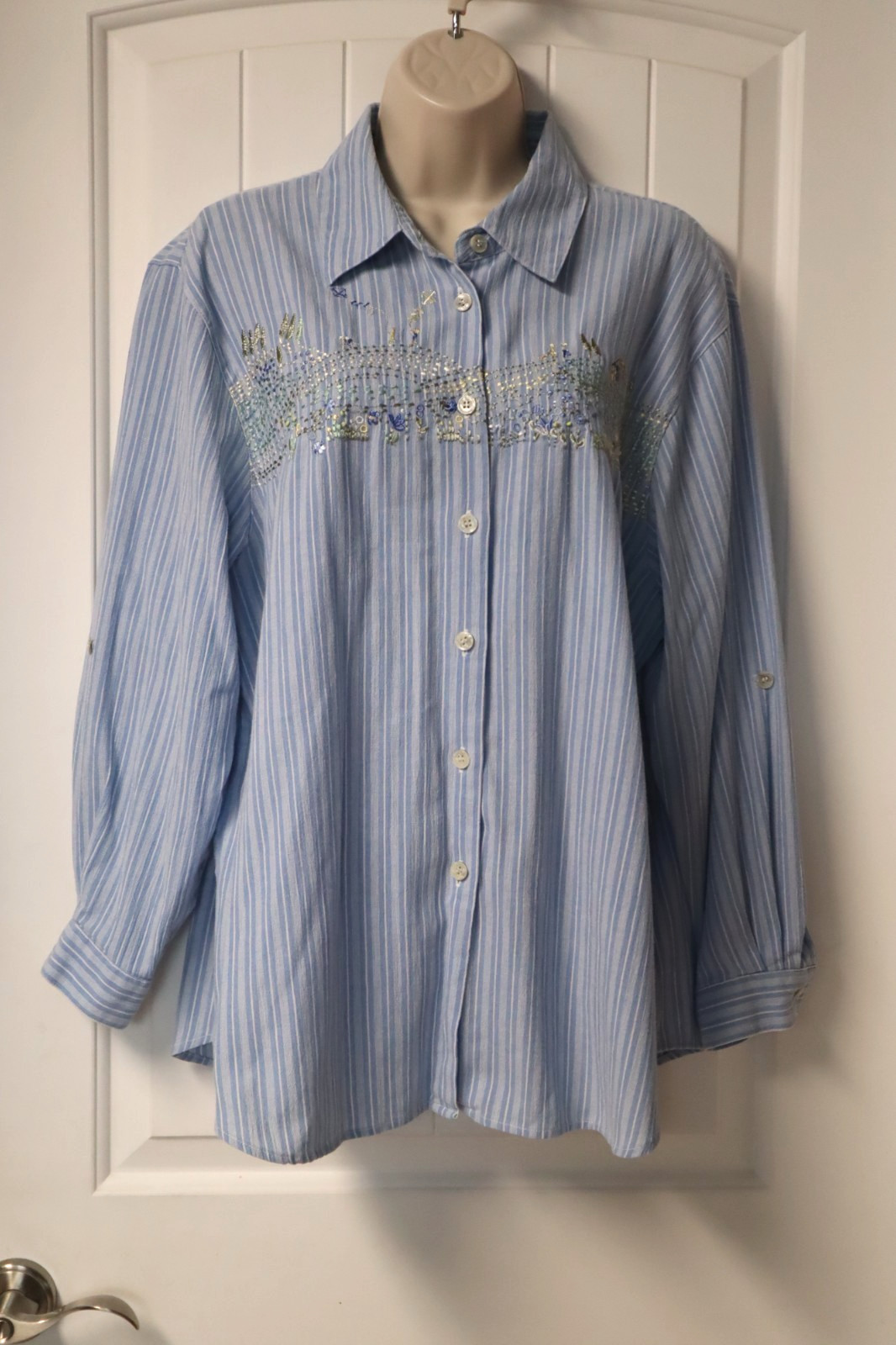 Vintage 1980s 90s Koret Francisca Women blue striped embroidered Blouse L/XL
