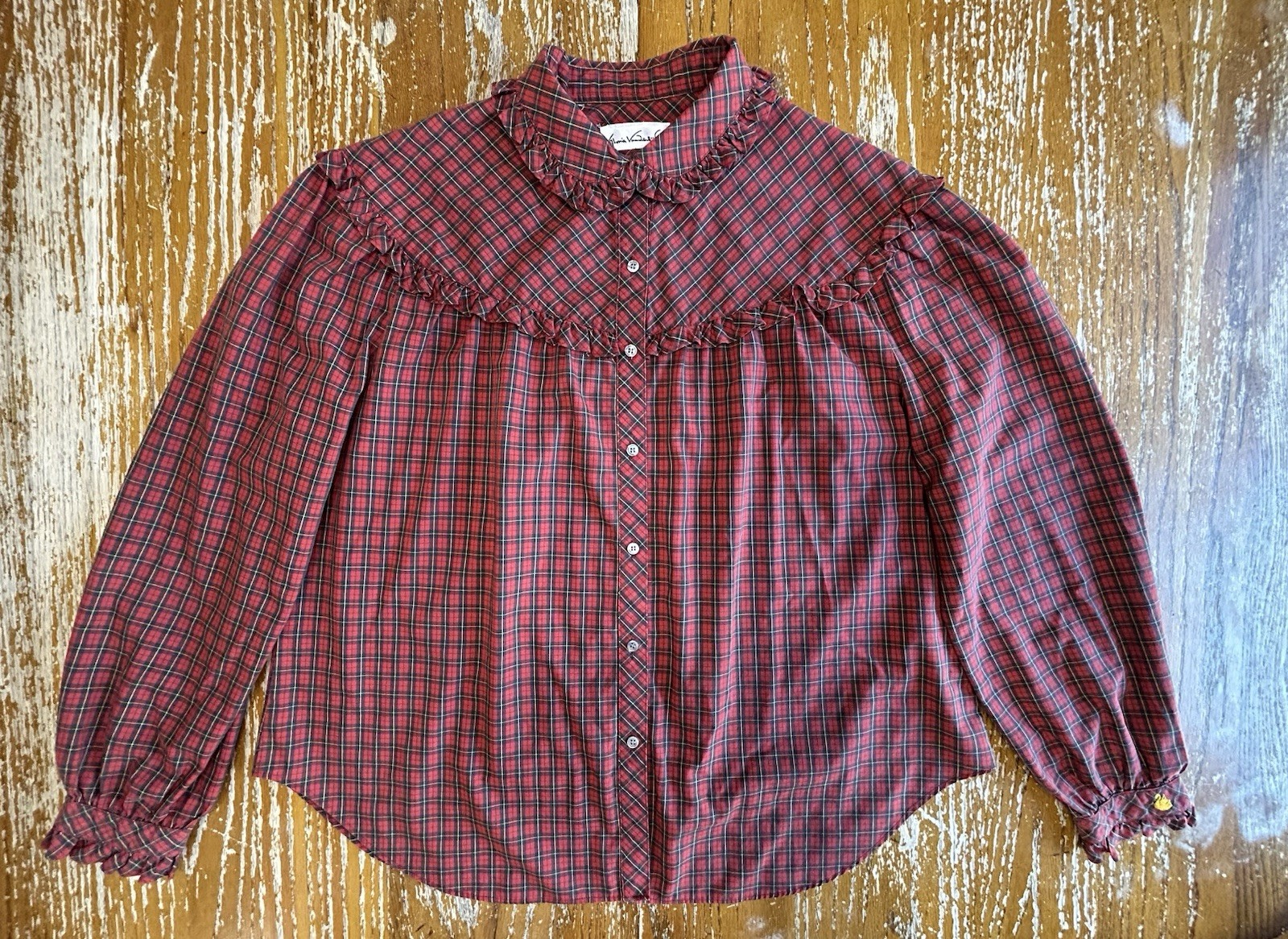 VTG 70s GLORIA VANDERBILT Plaid Ruffle Trim Prairie Victorian Button Top Sz 40