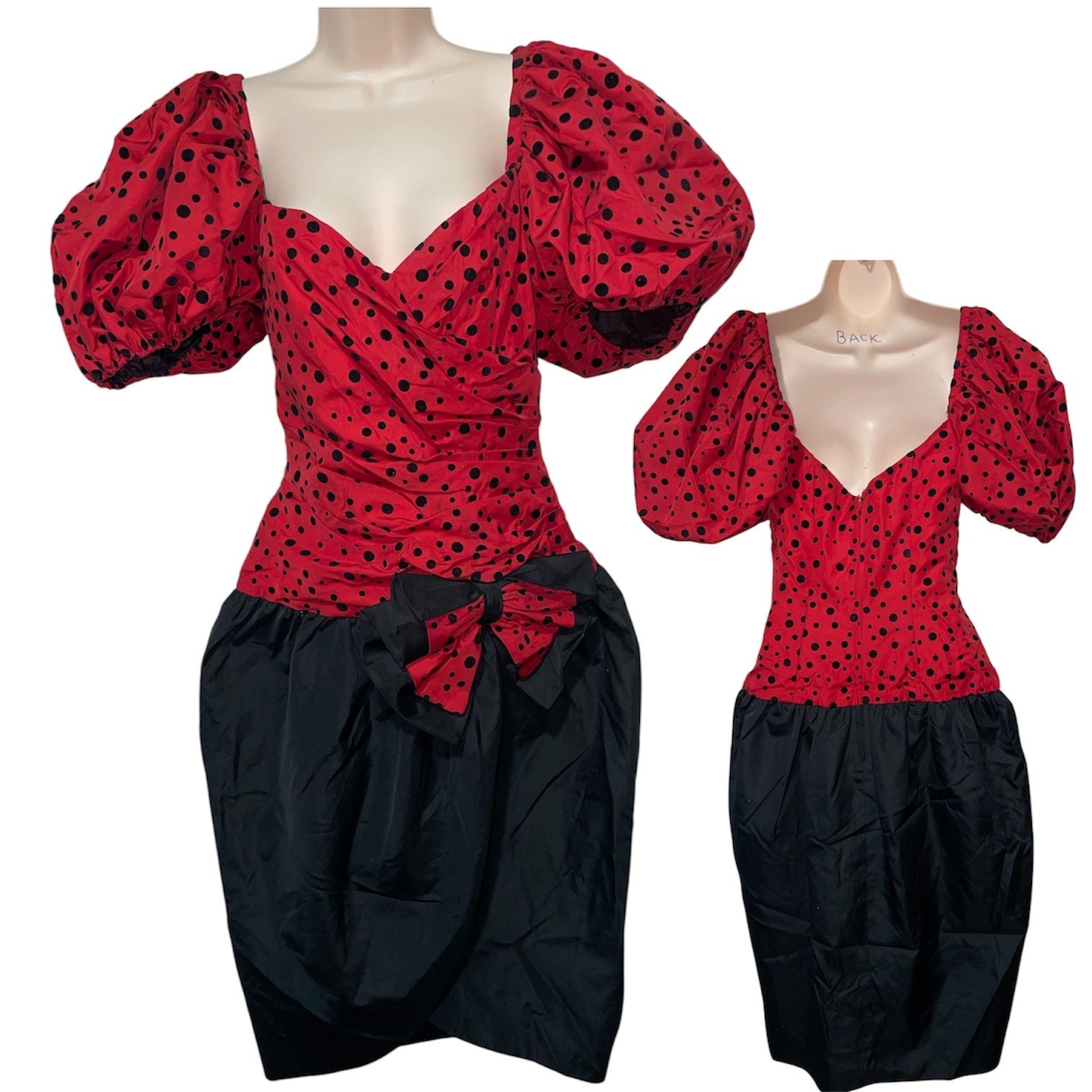 Vintage Cattiva Maya Jornot 80s Red pinup Polka Dot Puff Sleeve Cocktail Dress 6