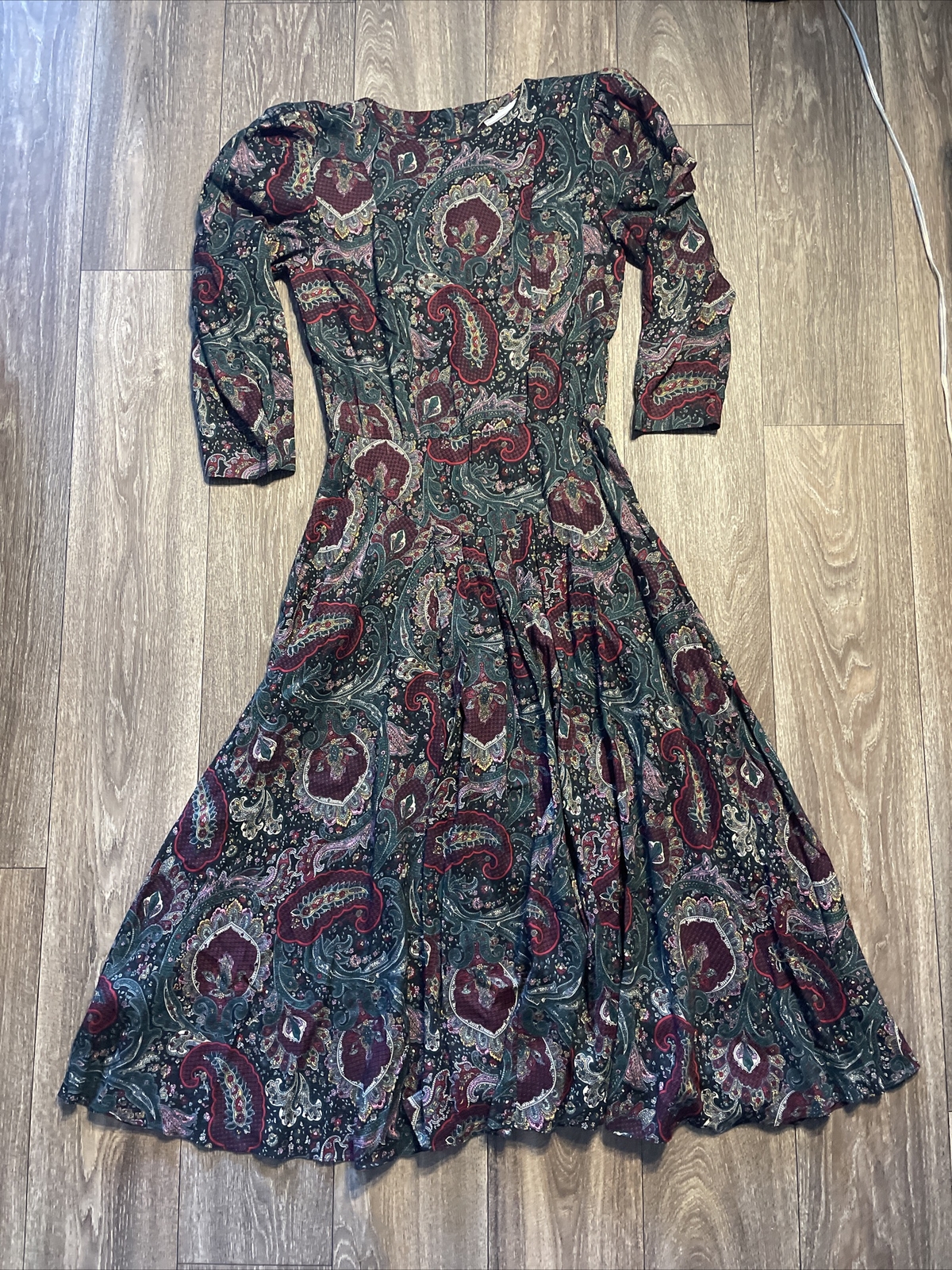 Vintage E.D. Michaels Green Burgundy Paisley Long Sleeve Maxi Dress Gown Sz 5-6