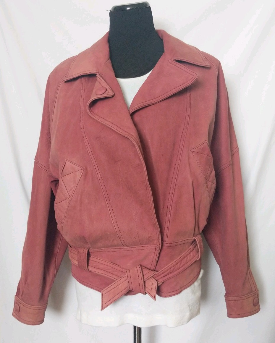 Vintage Maggie Lawrence Rose Pink Mauve Belted Leather Jacket Size Small EUC