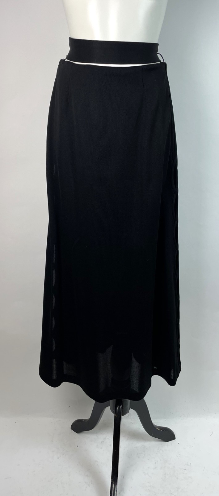 Vintage 70s Black Skirt Flared Midi CUT OUT SIDE AND WAIST Fits small 26″ W