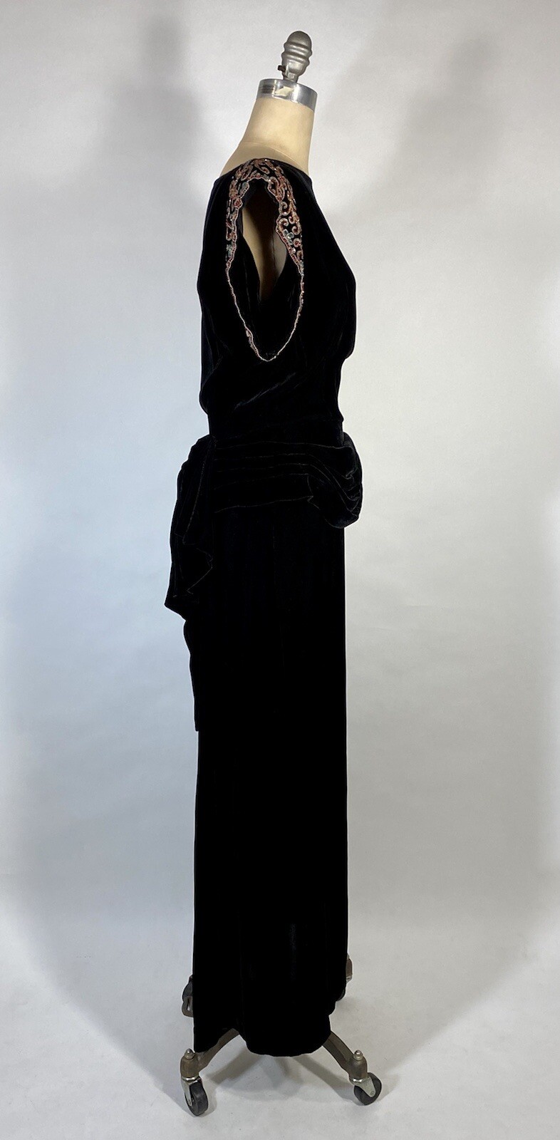 Vintage 1940’s GLAM NOIR velvet gown with beaded sleeves & unique peplum design