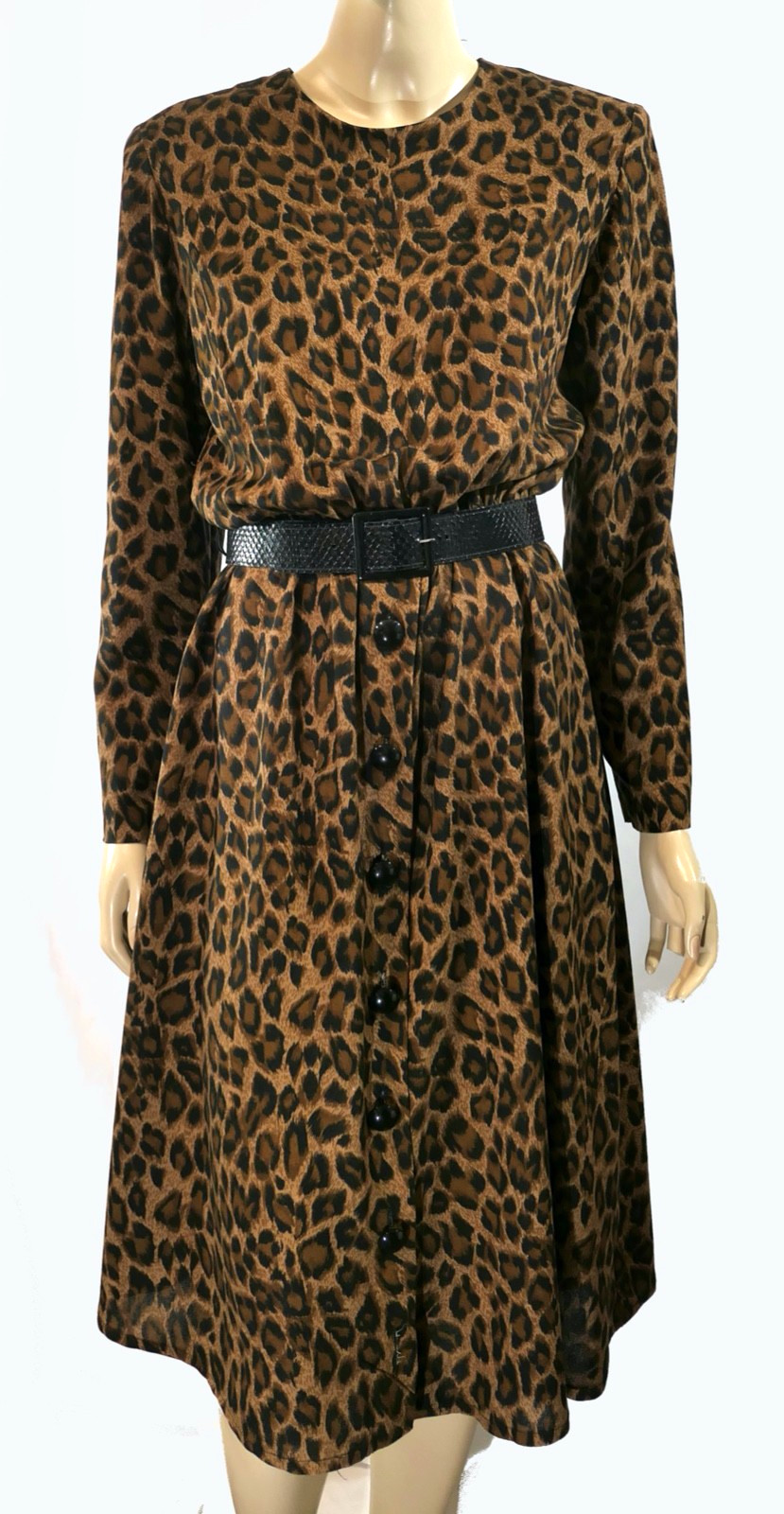 Vintage 80s Lew Magram Animal Print Big Cat A Line Sheath Shirt Dress Sz M