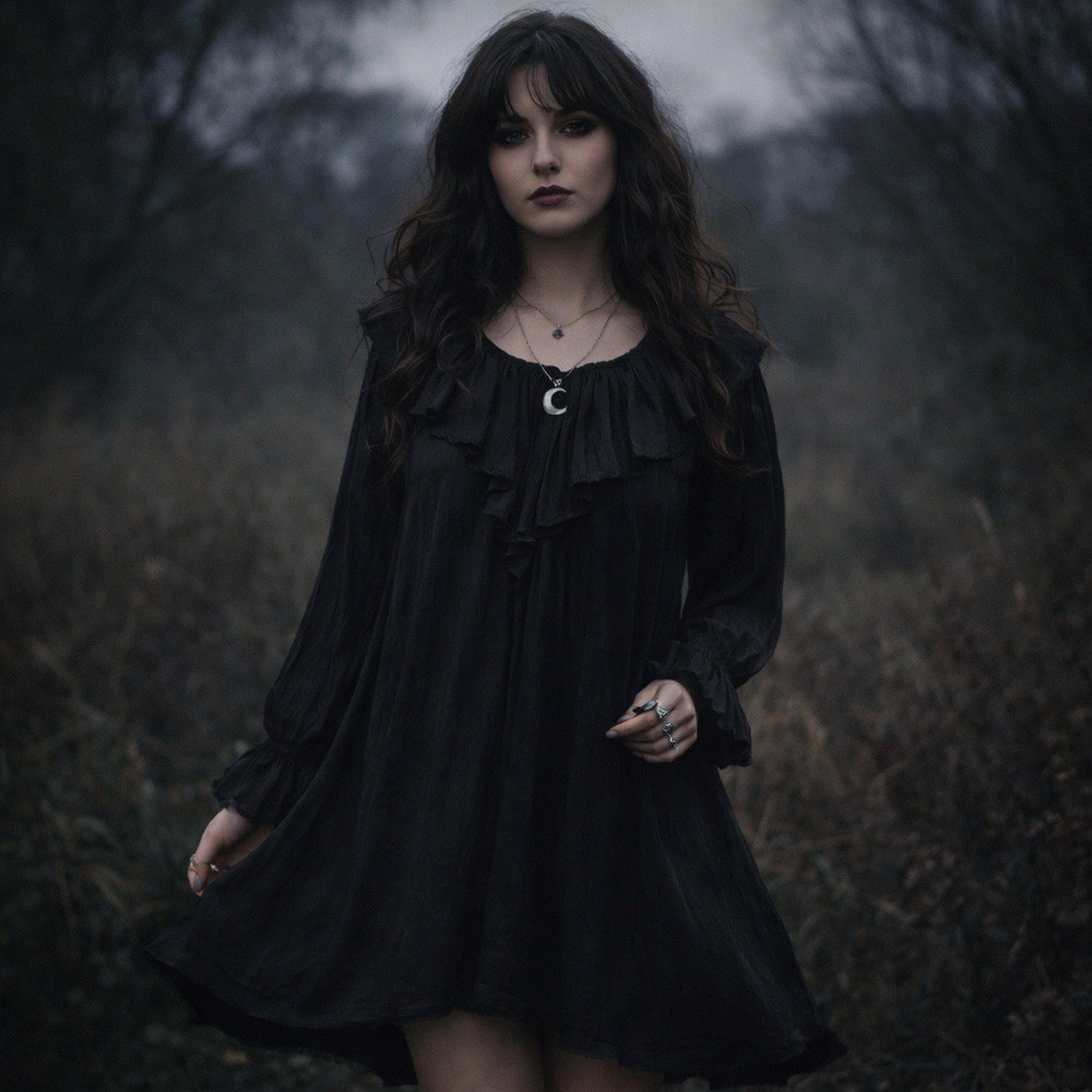 Vintage Romantic Gothic Tunic Mini Dress Aries Woman Black Rayon