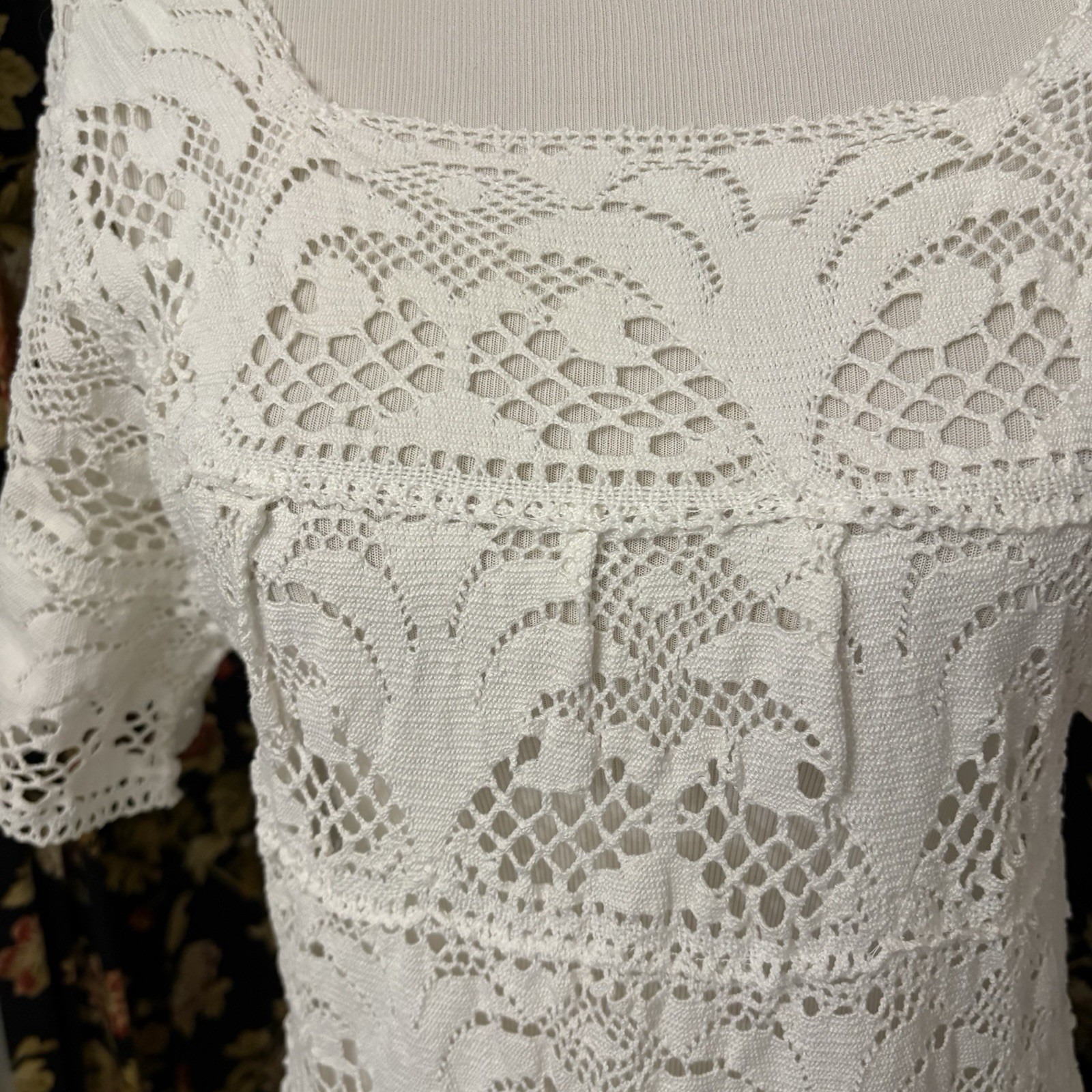 VTG Crocheted Lace Dress Boho Women’s White Lace Maxi Festival Cottagecore Sz S