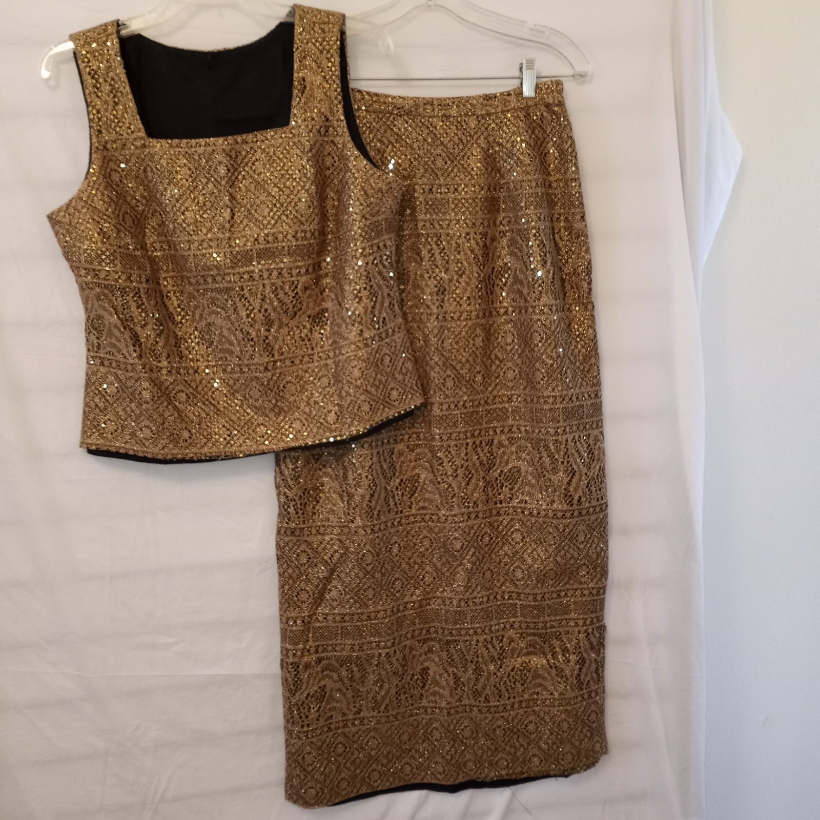 Vintage Petites by Nu-Mode Gold Sequin Lace 2 Piece Maxi Skirt Set Size 11/12